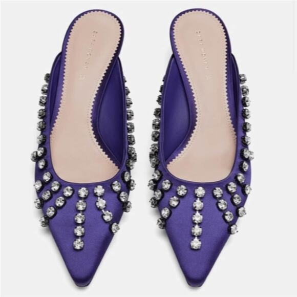 Zara Satin Embellished Rhinestone Fringe Heeled Mules Size 6.5 - Picture 1 of 9